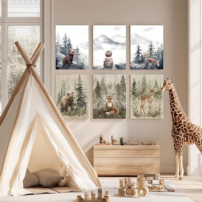 kilamino Neutral Woodland Wild Animal Wall Art, Cute Bear Fox Nursery Wall Decor, Adventure Boy Poster Prints, Vintage Forest Animal Canvas Paintings for Baby Room Classroom Playroom Framed 12"x16"x3