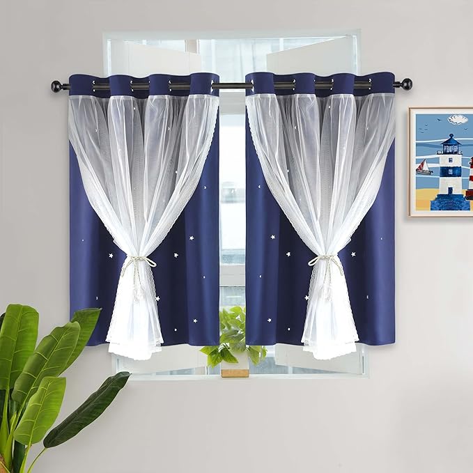 Kinryb Kids Blackout Small Curtains for Bedroom/Living Room/Classroom, Sheer Overlay 2 Free Tiebacks,Double Layer Curtains with Star Cutout for Kids Room(W 52 x L 36 Inches,Navy Blue 2 Pcs)