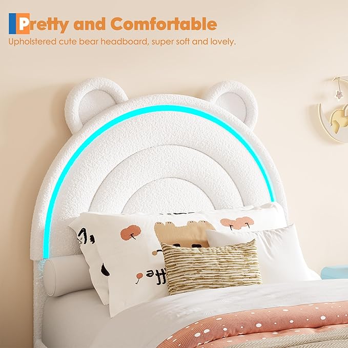Garvee Princess Twin Size Bed Frame with 2 Storage Drawers & LED Lights, Upholstered Platform Bed with Rainbow Headboard for Kids/Girls, Solid Wood Slats Support, No Box Spring Needed, White