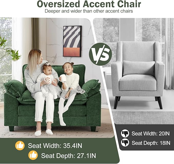 CDCASA Oversized Accent Chair, Chenille Comfy Cloud Sofa Chair with Large Seat and Upholstered Armrests, Modern Extra Wide Armchair Reading Chairs for Bedroom, Living Room,Set of 2,Green