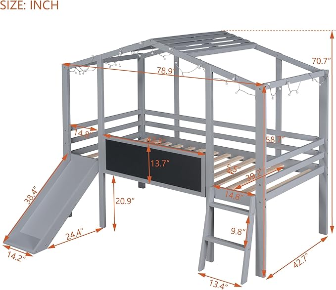 Play Fun Design Twin Size Loft Bed with Ladder and Slide for Kids Boys Girls, Solid Wood House Loft Bed Frame with Blackboard and Light Strip on The Roof, Sturdy Slat Support (Gray-6)