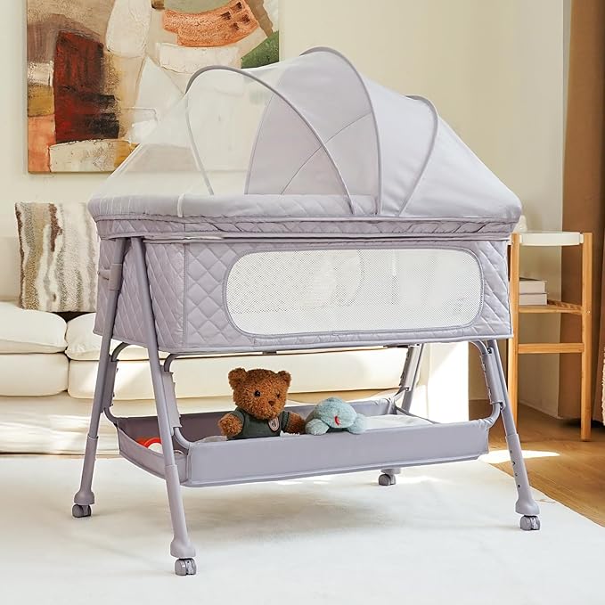 Bassinet Bedside Sleeper, Adjustable Height Baby Bassinet with Wheels, Easy Assemble & Folding Crib with Comfy Mattress, Breathable Mesh Bedside Bassinet for Infant Newborn (Grey)