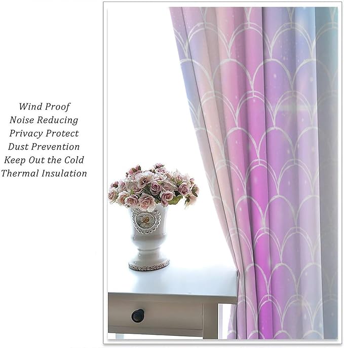 Mermaid Blackout Curtains, Kids Cartoon Blue and Pink Ocean Mermaid Scale Pattern Decoration for Girls Bedroom Nursery Curtains 63x72 Inch
