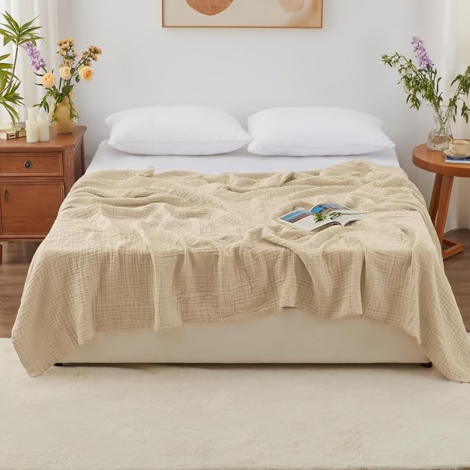 Love's cabin 6 Layer 100% Cotton Muslin Blanket, 90"x90" Muslin Blanket Queen for Couch Bed, Lightweight and Breathable Cotton Gauze for Adult, Khaki