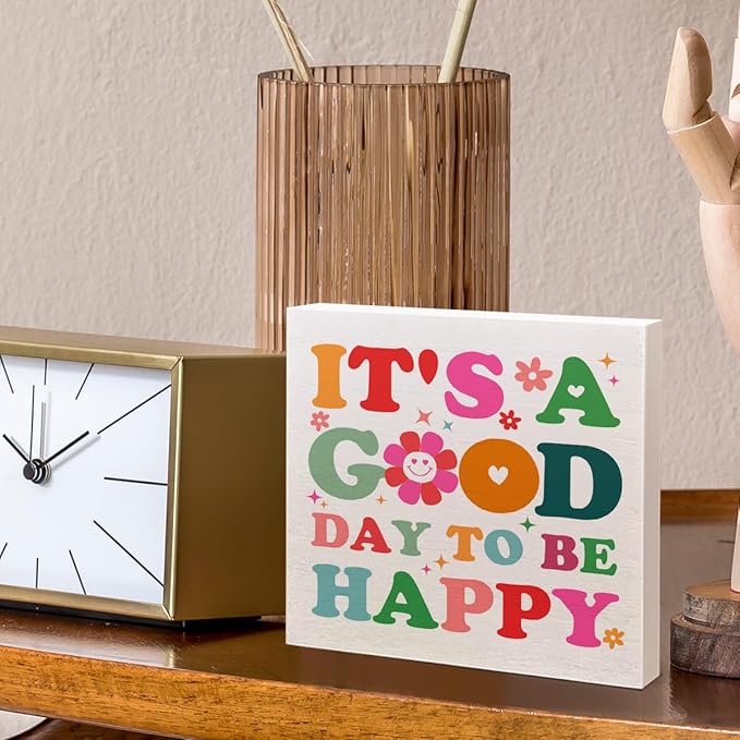 Boho Hippie Mental Health Wood Box Sign Desk Accessories Decor for Therapy School Counselor Counseling Office, Inspirational It’s a Good Day to Be Happy Decor for Nursery Classroom Toddler Room