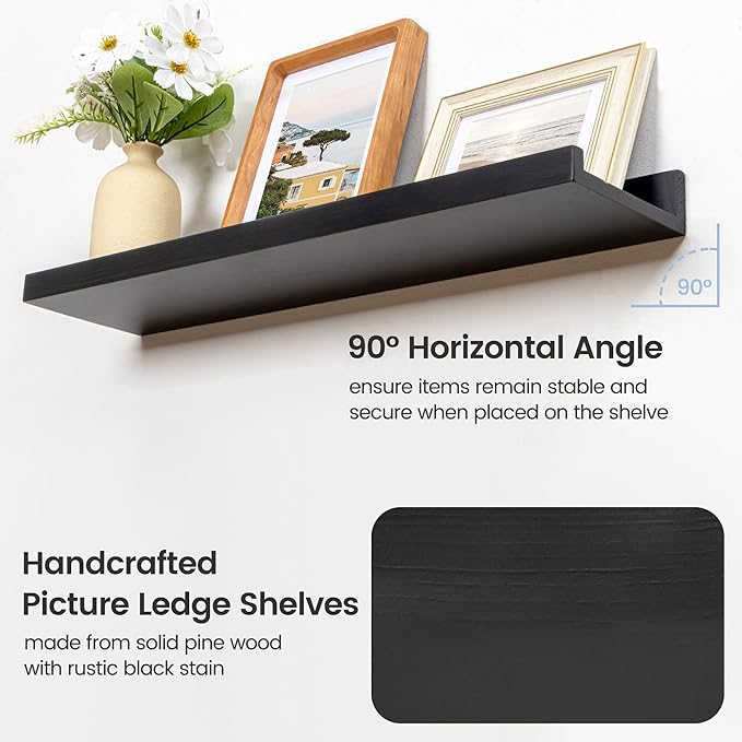 Picture Ledge Wall Shelves 56 Inches Width Set of 3, Solid Pine Wood Rustic Floating Ledge for Kids' Room Bedroom Kitchen Bathroom, Long Floating Shelves for Wall Decor, Black
