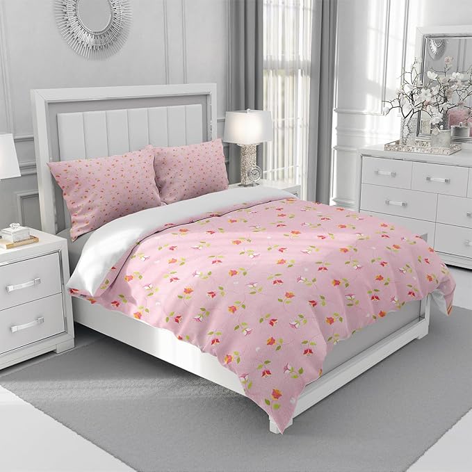 Cute Bow Tie & Rose Flowers Duvet Cover Queen Size 100% Cotton Bedding Set - Vintage Country Floral Comforter Cover with 2 Pillowcases for Girls, Teens, Students, Sweet Home Gift