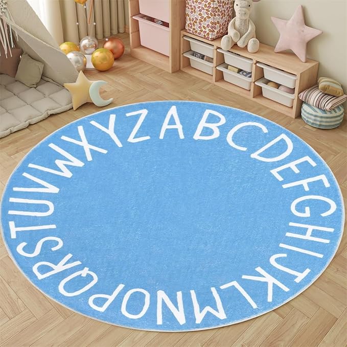 Round ABC Kids Carpet Alphabet Nursery Area Rug Extra Large Soft Crawling Play Mat Suitable for Children's Bedrooms - Non-Slip and Machine Washable-5ft Blue
