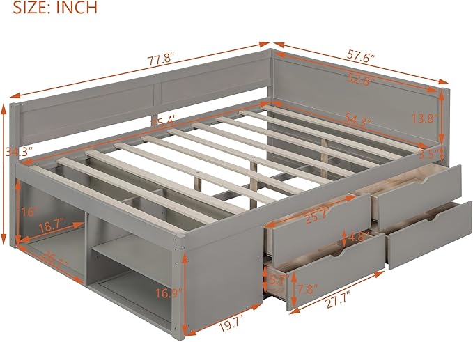 Full Size Daybed with 4 Storage Drawers and Shelves, Wooden Full Platform Bed Frame with L-Shaped Headboard and Slats Support, Corner Bed Full Captain Beds for Kids Boys Girls Teens, Gray