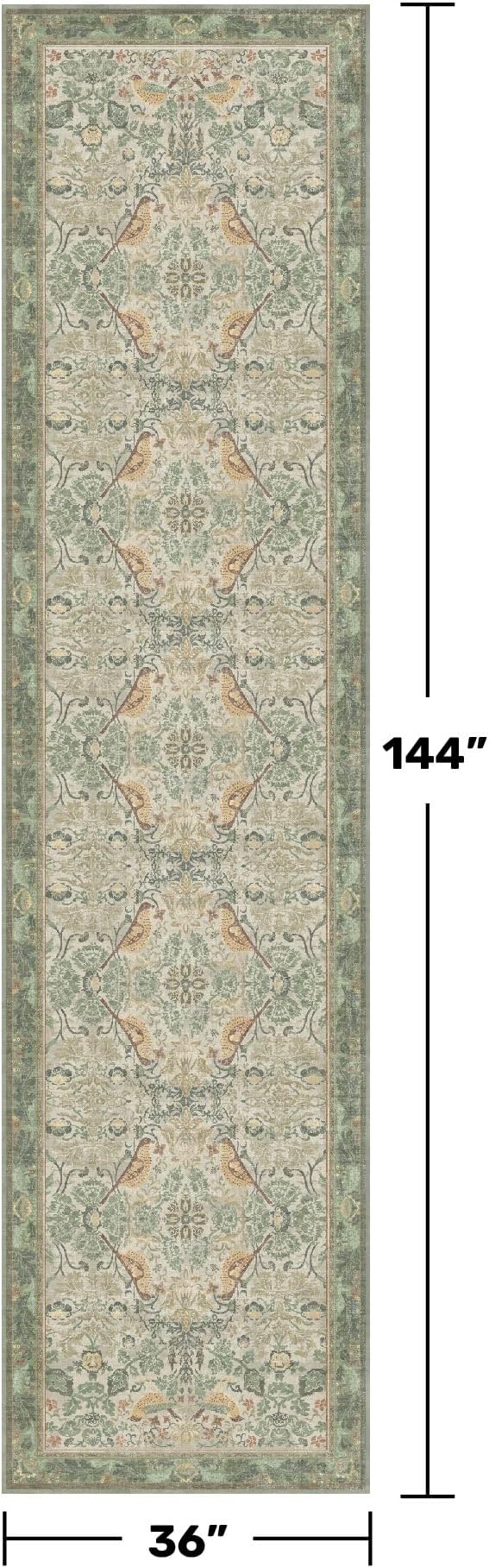 12ft Extra Long Vintage Runner Rugs for Hallways - 3x12 Wide Kitchen Runners, Entryway Rug, Sage Boho Design with Flowers and Leaves, Washable Non Slip Low Pile
