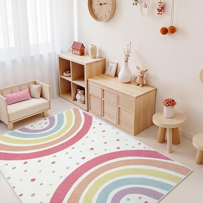 STARUIA Washable Rainbow Rug for Girls Bedroom, Large Area Rug 5x7 Colorful Rugs for Nursery Kids Room, Soft Non-Slip Carpet Kids Rugs for Classroom Playroom Tent Castle Dorm