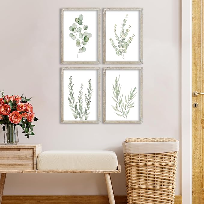 LuZhiQiang Botanical Wall Decor Sign 16x11 Inch Sage Green Plants Prints Set of 4 Modren Minimalist For Bathroom Bedroom Laundry Room Aesthetic Watercolor Small Wood Framed Wall Hanging Art (White)