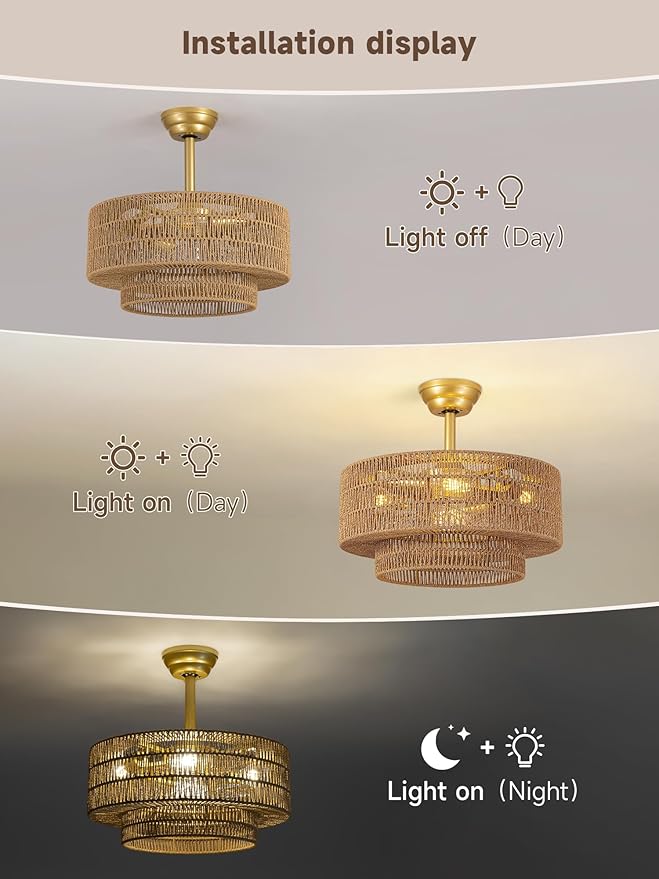 Boho Caged Fandelier with Lights Flush Mount Rattan Ceiling Fan with Lights and Remote Control, Enclosed 6 Speeds Low Profile Fan Light for Bedroom, Living Room, Kitchen