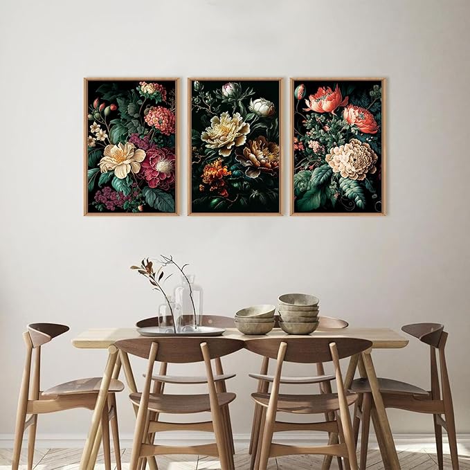 FWIEXA Dark Floral Canvas Wall Art Set, Framed Vintage Moody Flower Wall Decor, Large Black Botanical Wall Painting, Academia Art Print 3 Piece 24x36 Inches for Living Room, Bedroom, Office
