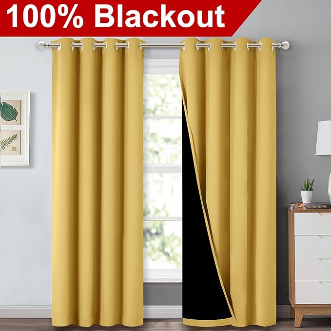 NICETOWN 100% Blackout Curtains with Black Liners, Thermal Insulated Full Blackout 2-Layer Lined Drapes, Energy Efficiency Window Drapes for Bedroom (Bright Yellow, 2 Panels, 70-inch W by 63-inch L)