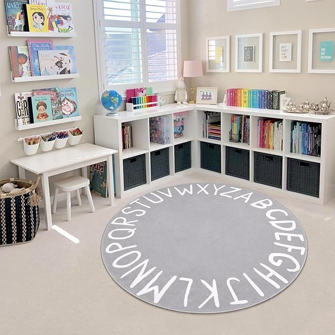 LIVEBOX Grey ABC Kids Rug for Playroom, Baby Nursery, Kids Room, Soft Circle Carpet Learning Crawling Mat for Classroom Dorm (40", Grey)