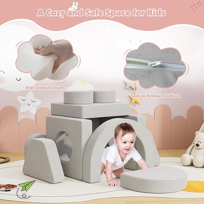 12 PCS Modular Kids Play Block Couch Child Sectional Sofa Toddler Building Fortplay Bedroom Playroom Baby Convertible Floor Foam Cushion for Boys & Girls (Light Gray-Double)