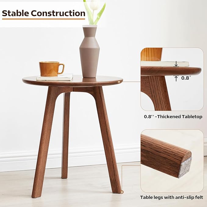 100% Solid Oak Round Side Table, Small Side Table for Small Spaces, 3-Legged Living Room End Tables Set of 2 with Stable Frame for Bedroom Couch Side Entryway, Walnut