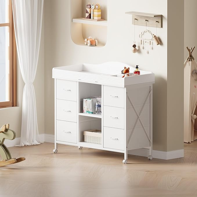 Changing Table, 6-Drawer Baby Dresser with Changing Table top, Waterproof Diaper Changing Station & Pad, 2 Height-Adjustable Open Storage Shelves, Mobile Nursery Organizer, White