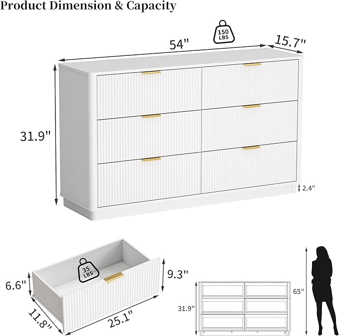 Fluted Dresser for Bedroom with 6 Drawers, 54" Wide Modern Chest of Drawers with Lighting, Wooden Dresser TV Stand with Curved Edges, Closet Organizer for Living Room, Hallway,White