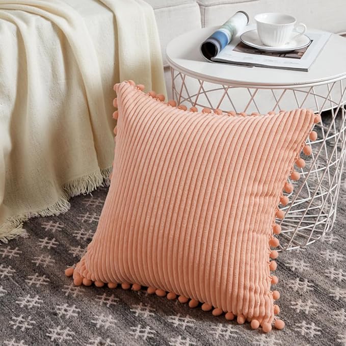 Fancy Homi Pack of 2 Peach Decorative Throw Pillow Covers 16x16 Inch with Pom-poms for Couch Bed Bedroom, Farmhouse Boho Home Decor, Soft Corduroy Solid Square Cushion Case 40x40 cm