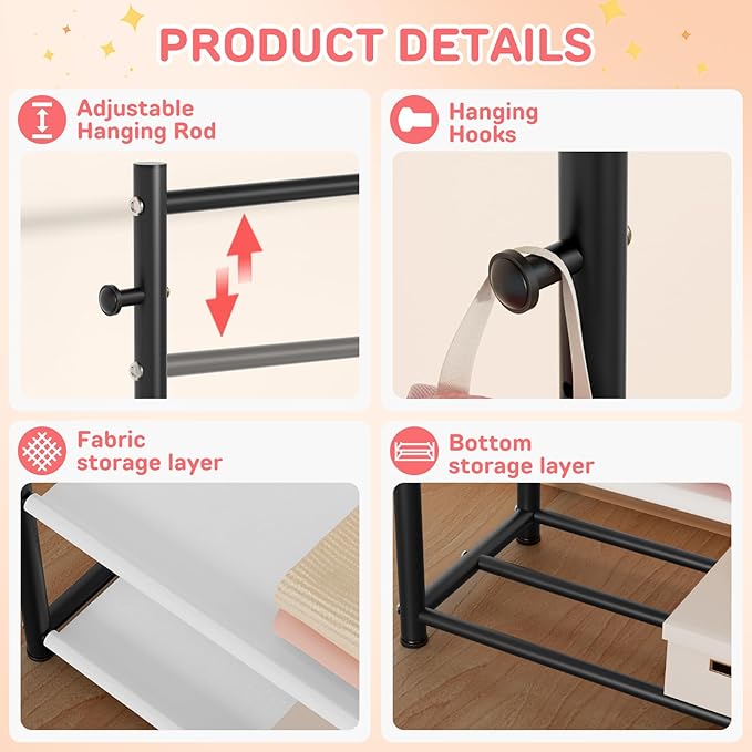Kids Clothing Rack with 2-Layer Storage Shelf and 2 Adjustable Hanging Rods, Small Baby Closet Organizer for Hanging Clothes, Kids Dress Up Rack for Child (Classic, Black)