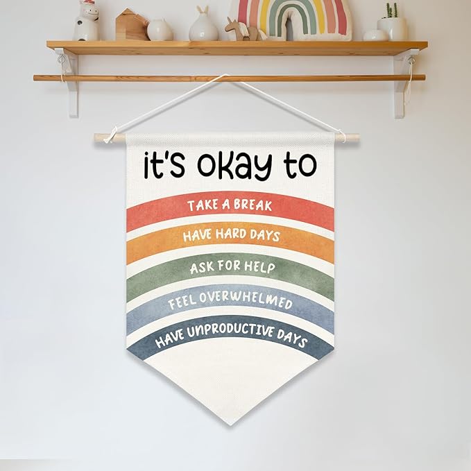 It's Okay To Wall Hanging Banner,Mental Health Rainbow Canvas Poster for Kids Teens Classroom Decor, Self-Care Quote for Therapy Office, Counselor Room, Bedroom or Nursery, 11x16 Inch(KD32)