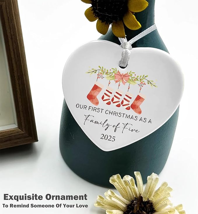 2025 Our First Christmas as a Family of Five-Parents Mom Dad Gift for New Baby Newborn-The Third Kid-Xmas Stocking Theme-Ceramic Hanging Heart Shaped Ornament-Double Sided Printed