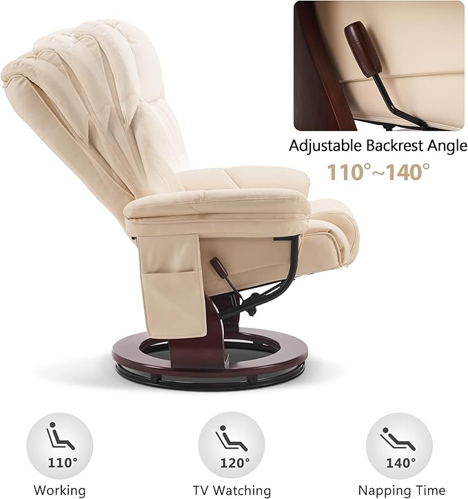 MCombo Swivel Recliners with Ottoman, Vibration Massage TV Chairs with Side Pocket, Faux Leather Ergonomic Lounge Chair for Living Room Bedroom 4734 (Cream White)