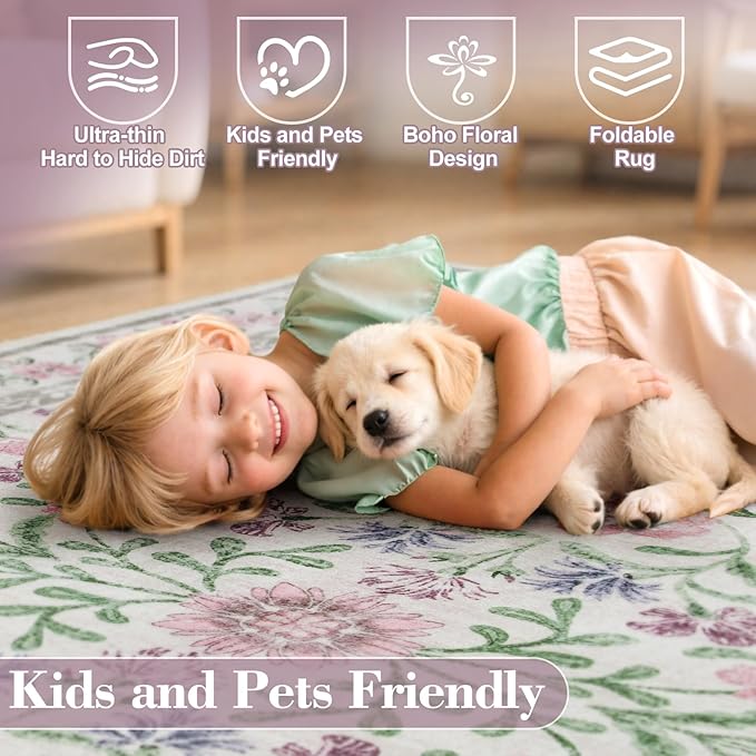 Wonnitar Floral Washable Round Rugs 6ft, Purple Circle Rugs for Bedroom Girls Dorm, Ultra-Thin Non Slip Boho Carpet for Nursery Girls Room Decor Living Room Playroom, Light Purple/Pink