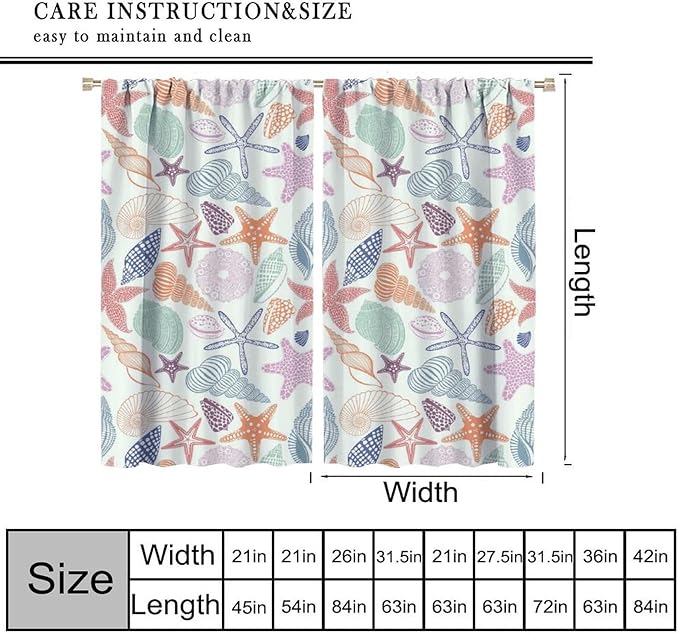 Coastal Nautical Curtains,Colorful Starfish Seashell Beach Sea Starfish Seashell Theme Pattern Blackout Print Home Bedroom Living Room Window Treatmen 2 Panel Set 55x63 Inch
