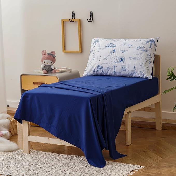 KAREVER Cartoon Toddler Bedding Set Vehicles Print 4 Pieces Crib Bed Set Kids White Blue Car Plane Print Comforter Set