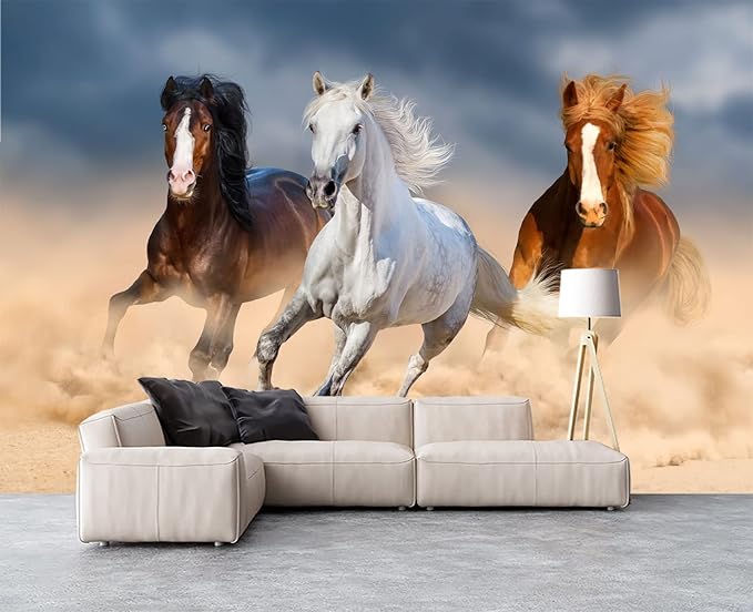 Three Running Horses Chinoiserie Wall Mural Wallpaper for Bedroom 137" x 100"