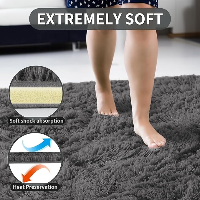 Merelax Soft Modern Indoor Large Shaggy Rug for Bedroom Livingroom Dorm Kids Room Home Decorative, Non-Slip Plush Fluffy Furry Fur Area Rugs Comfy Nursery Accent Floor Carpet 5 X 8 Feet, Dark Grey