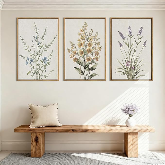 Anyzal Framed Minimalist Botanical Wall Art Large Neutral Floral Art Prints Modern Beige Wildflower Wall Decor for Living Room Bedroom Dining Room Office 16x24x3