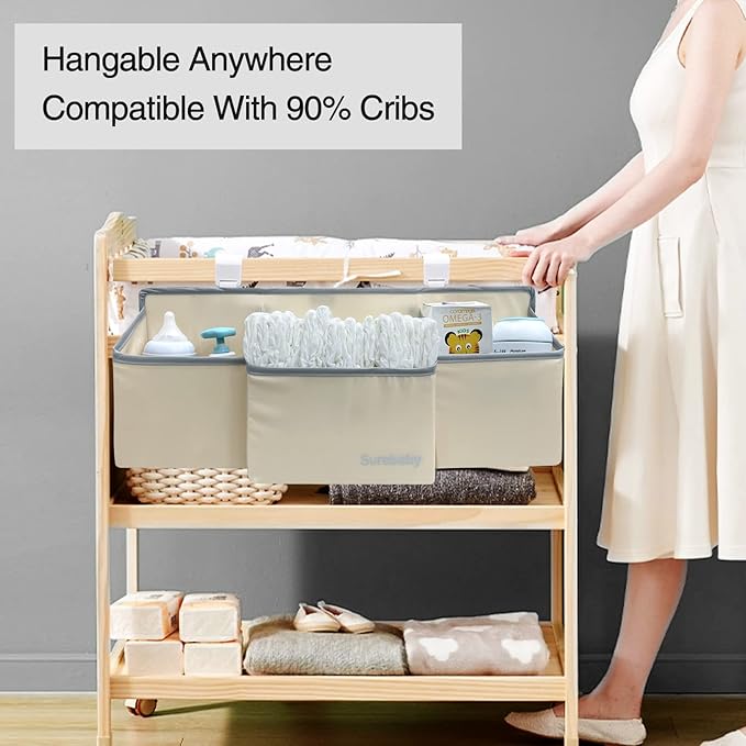 Hanging Baby Diaper Caddy, 3-in-1 Diaper Caddy Organizer Holder For Baby Crib, Nursery Organization Diaper Stacker Storage For Crib, Changing Table, Car, Wall-Beige