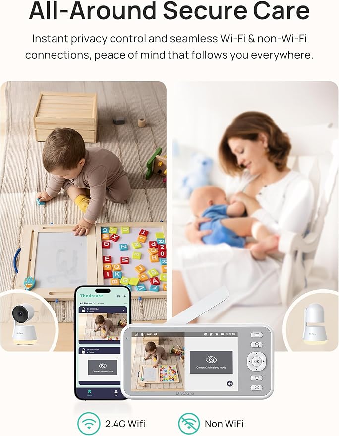 Dr.Care LumiView Smart WiFi Baby Monitor with Clip Mount - 5" 1080P FHD & 2K Camera App Control, Privacy Mode, 5000mAh Removable Battery, Cry & Motion Alerts, HD Night Vision, RGB Night Light