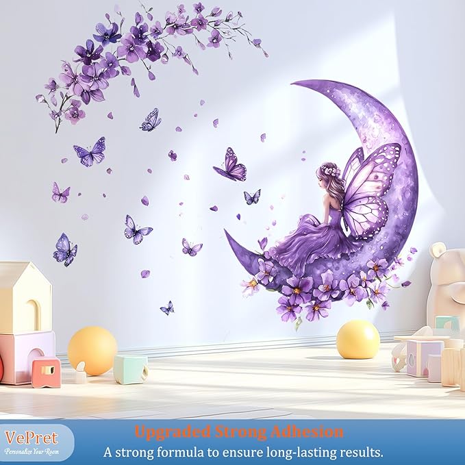 Purple Fairy Wall Decals Peel and Stick, Butterflies Moon Flowers Wall Stickers, Removable Vinyl Home Decor Art for Girls Bedroom Baby Nursery Daycare