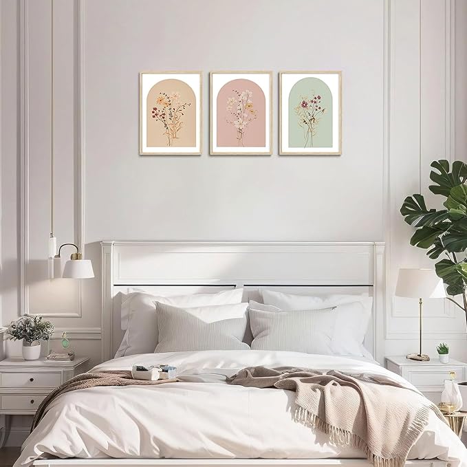 CHMMART 3 Piece Boho Wildflower Framed Wall Art Floral Botanical Canvas Art Prints Flower Pictures Wall Decor Minimalist Painting Artwork for Living Room Bedroom Bathroom 12x16in