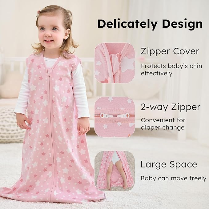 Baby Sleep Sack 0-6 Months, 100% Cotton Sleeping Sack for Newborn and Infant, 3 Pack Baby Wearable Blanket for Boy and Girl, 0.5 Tog Lightweight Double Zipper Sleep Bag Pink Heart