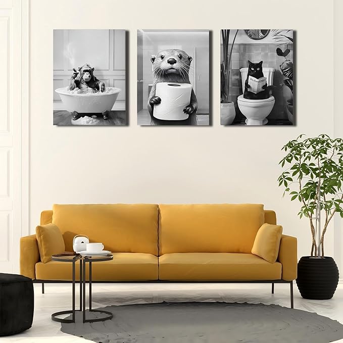 Framed Black and White Bathroom Wall Decor, Funny Animals Canvas Wall Art, Cute Otter Holding A Roll of Toilet Paper, Chimpanzee in Bathtub and Cat Reading Newspaper on the Toilet Pictures 24'' x 16''