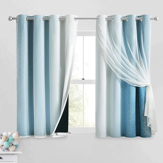 100% Blackout Curtains with Sheer Overlay Mix and Match Double Layer Drapes 54 Inch Length 2 Panels for Bedroom Living Room Blue White Ombre Grommet Window Treatment with Tiebacks