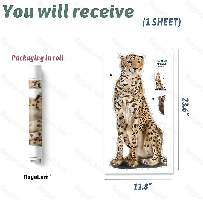 Sitting Cheetah Wall Decal Nursery Animal Leopard Wall Sticker Removable Peel and Stick Waterproof Wall Art Decor Stickers for Kids Baby Classroom Living Room Playing Room Bedroom