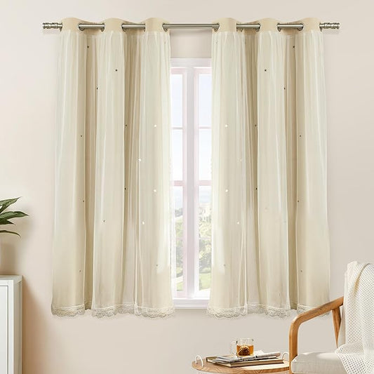 XiDi Beige Curtains with Sheer Overlay for Living Room Bedroom 2 Panels Star Hollow Out 80% Blackout Double Layer Curtains for Kids Girls Room Darkening Grommet Window Drapes with Tiebacks W34 X L54