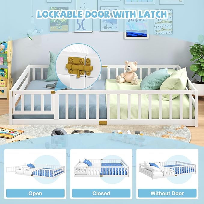 Giantex Queen Floor Bed with Door & Fence, Kids Wood Montessori Beds with Safety Guardrails, Floor Bed Twin for Kids, Boys, Girls, No Box Spring Needed, White