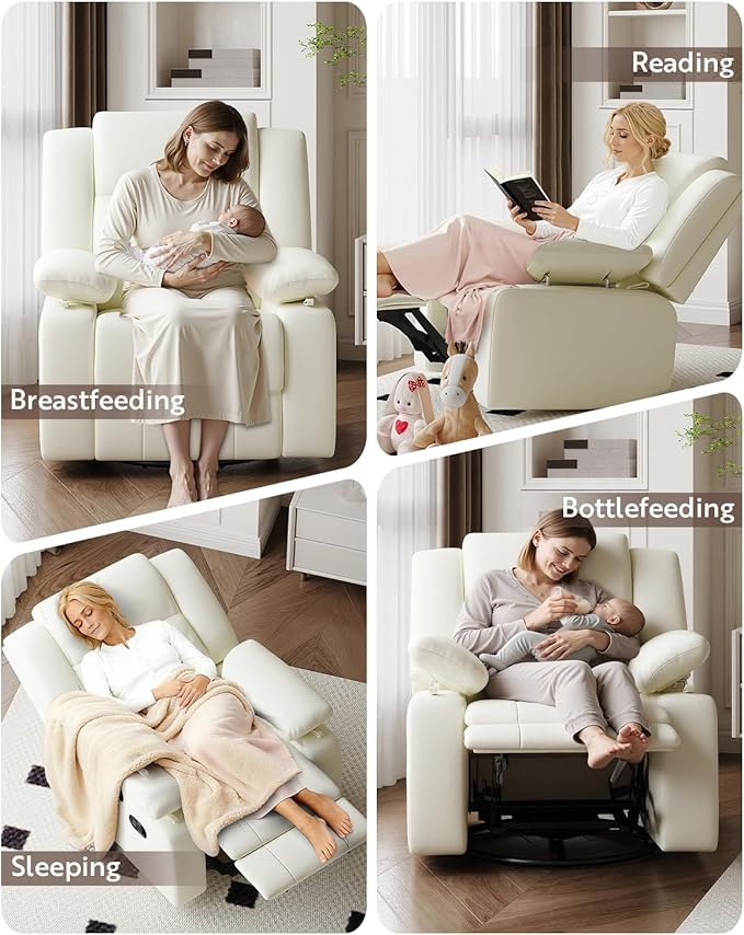 AILEEKISS Rocking Chair Nursery Swivel Recliner Glider Chair with Adjustable Armrests,Headrest Rocker Nursing Chair for Breastfeeding Comfy Upholstered Living Room Reclining Chairs(Beige)