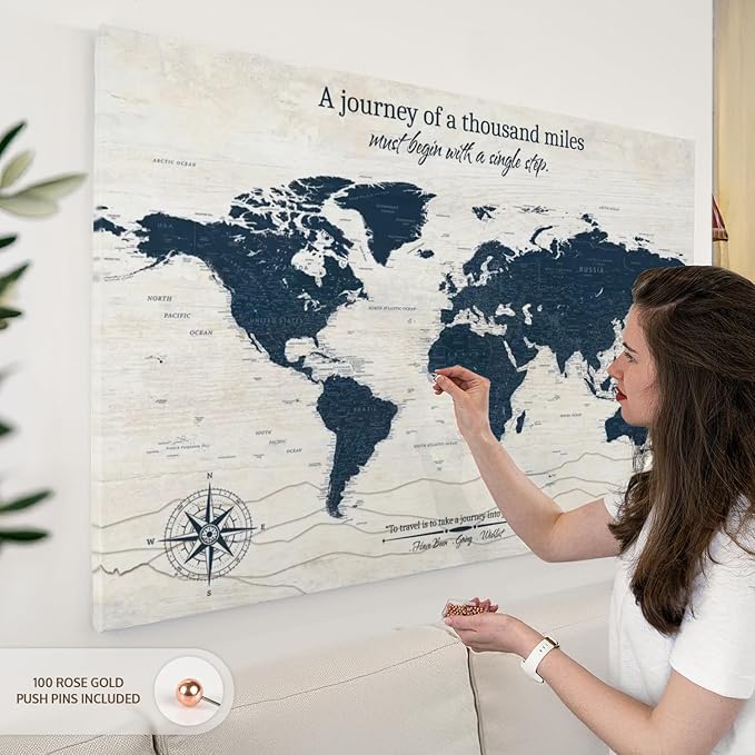 ElephantStock - A Journey I Push Pin World Map Wall Art - Horizontal Canvas Wall Art - Living Room Wall Decor - Digital Art Map Canvas Art - Blue And Beige Decor - 51" x 34"