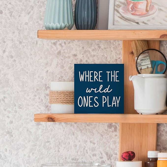 Where The Wild Ones Play Navy Blue Wood Box Sign Desk Decor 5X5, Nursery Kids Room Wooden Block Sign Decorations for Playroom Toddler Boys Girls Room Wall Tabletop Shelf Decor