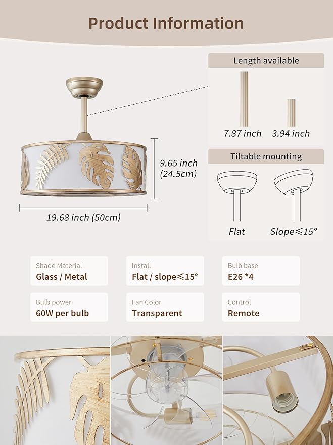 20" Gold Caged Ceiling Fans with Lights, Gold Fandelier Ceiling Fan with Light Remote Control, Bladeless Caged with 6 Speeds for Bedroom, Nursery, Living Room