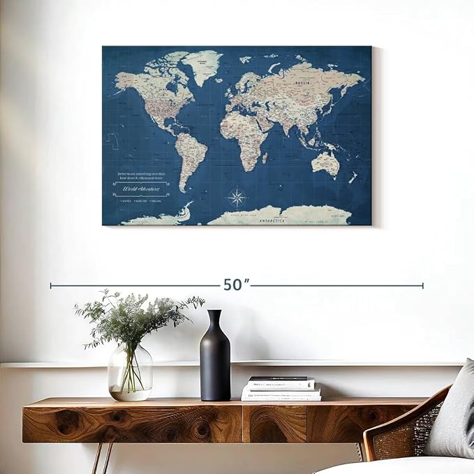 ElephantStock - World Adventures Push Pin Travel Map I Wall Art - Horizontal Canvas Wall Art - Living Room Wall Decor - Printmaking Map Canvas Art - Blue And Beige Decor - 36" x 24"